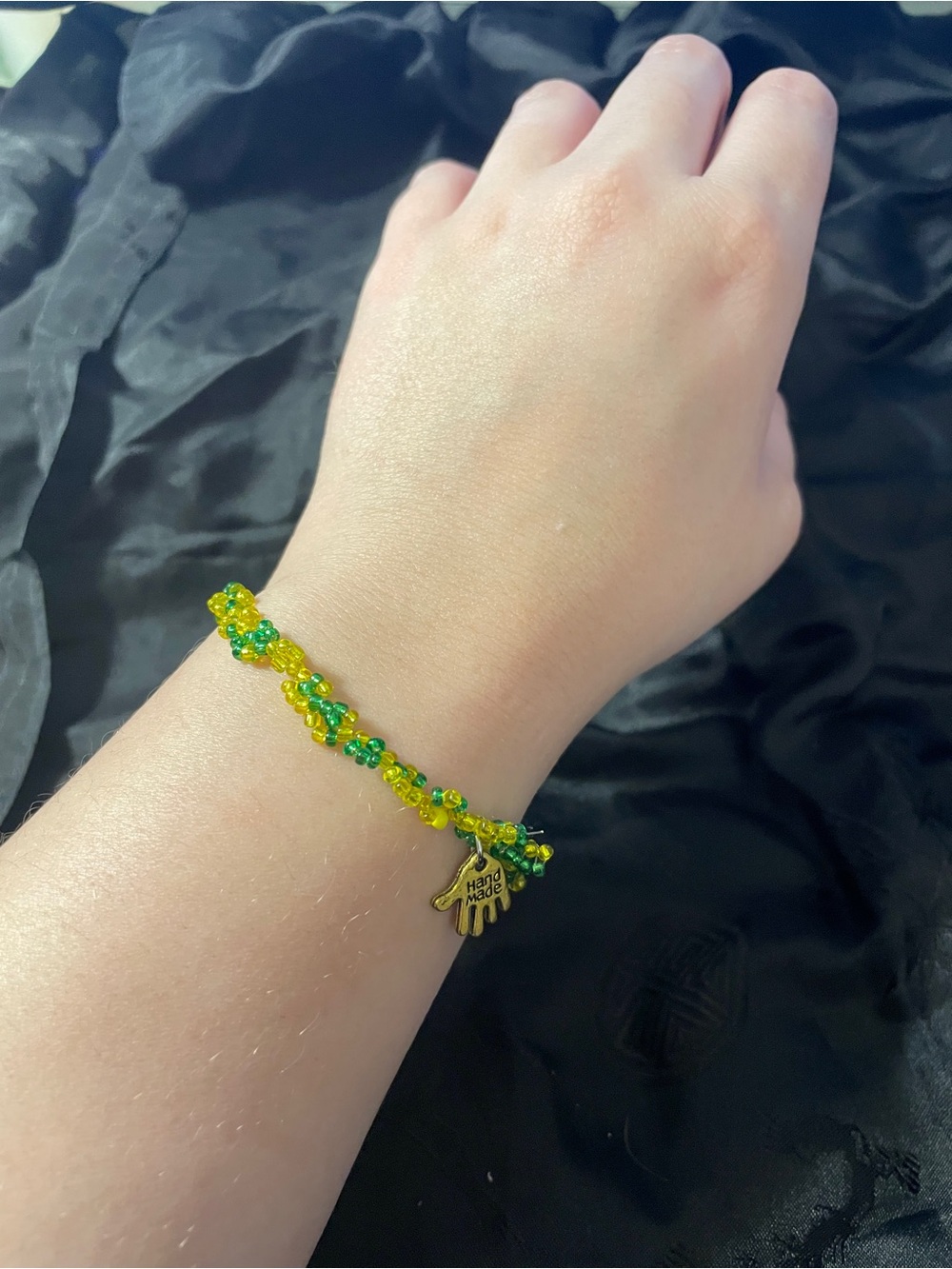 Handmade Green & Yellow Floral Beaded Bracelet with Charm